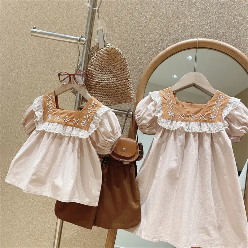 Kids Toddler Girls Fashion Casual Cute Solid Color Embroidery Floral U Neck Shorts Dress Set