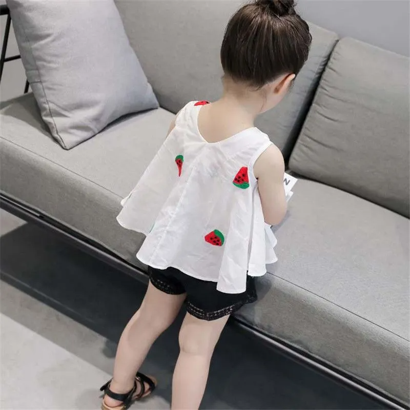 2 Pcs Set Girl Watermelon Print Sleeveless Tops And Shorts