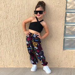 Children Kids Baby Fashion Girls Hanging Neck Top And Print Pants 2pcs Set