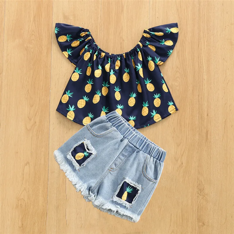 Children Kids Baby Fashion Girls Rufflr Sleeve Pineapple Print Top And Denim Shorts 2pcs Set