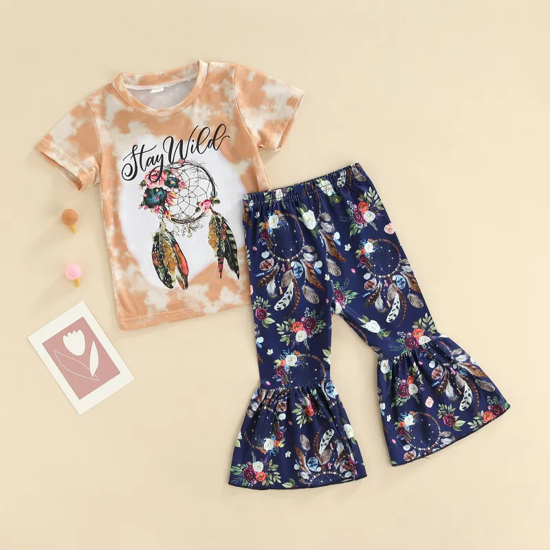 Children Kids Toddlers Fashion Girls Letter Print Short Sleeve T-Shirt And Flared Pants 2pcs Set