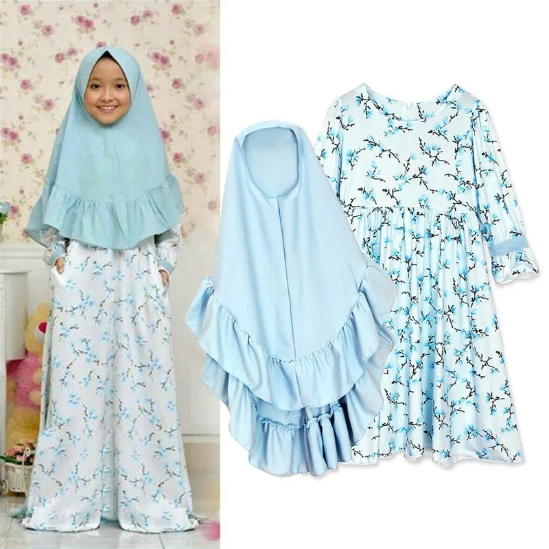 Children Kids Baby Fashion Girls Long-Sleeved Flower Print Dress And Headscarf Muslim 2pc Set