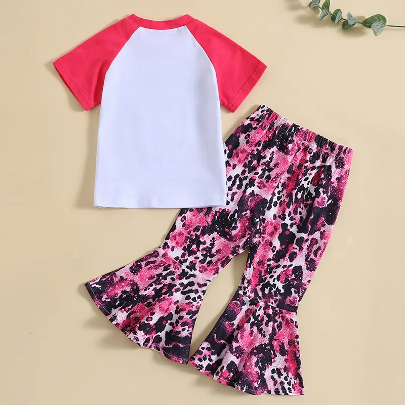 Kids Toddler Girls Summer Fashion Casual Cotton Letter Color Matching Round Neck Short Sleeve Leopard Flare Trousers Set