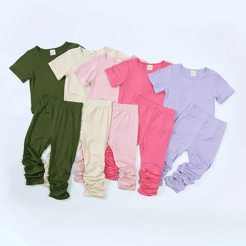 Children Kids Baby Fashion Girls Casual Basic Short Sleeve Solid Color T-Shirt And Pants 2pcs Set