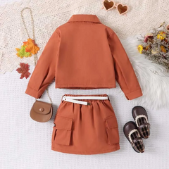 Kids Toddler Girls Autumn Winter Fashion Casual Solid Color Long Sleeve Lapel Coat Skirt Set