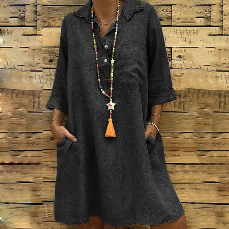 Autumn Winter Plus Size Women Casual Solid Color Lapel Loose Dress