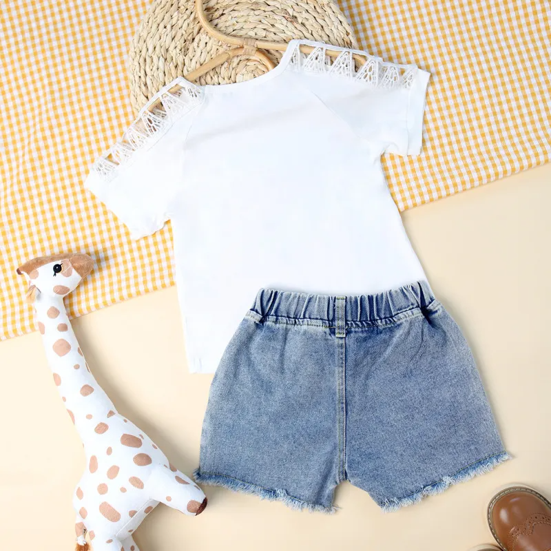 Children Kids Toddlers Fashion Girls Printed Hollow Lace T-Shirt Top And Ripped Denim Shorts 2pcs Set