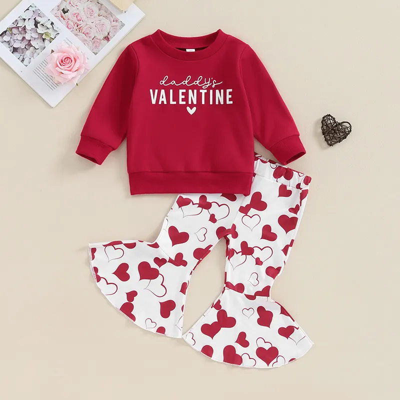 Kids Toddler Girls Valentine Cute Heart Print Long Sleeve Round Neck Sweatshirts Flare Trousers Set