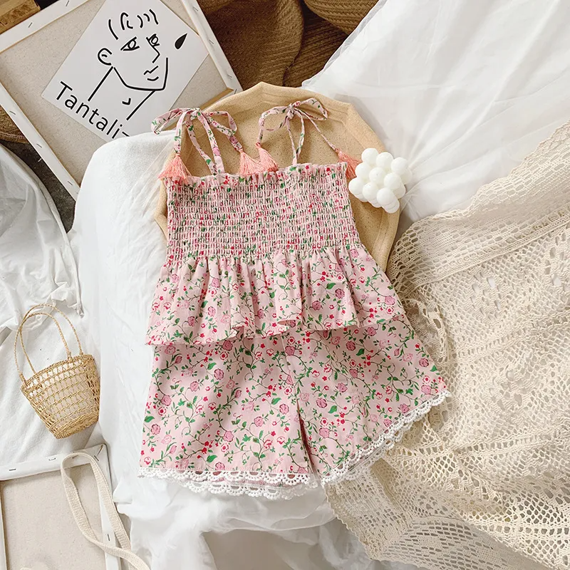 Children Kids Baby Fashion Girls Sleeveless Flower Print Suspenders Tops And Loose Shorts 2pcs Set