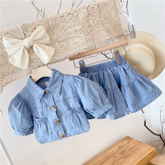 Girls Basic Puff Sleeve Lapel Single-Breasted Top And Skirt Denim Two-Piece Set