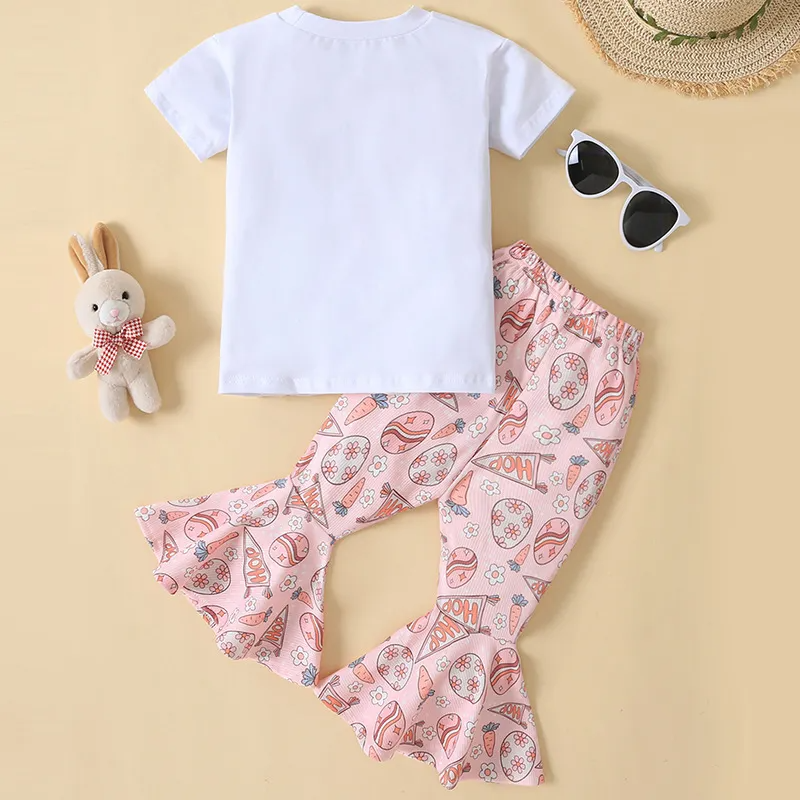 Kids Toddler Girls Summer Fashion Casual Easter Cotton Cartoon Bunny Round Neck Short Sleeve Flare Trousers Set