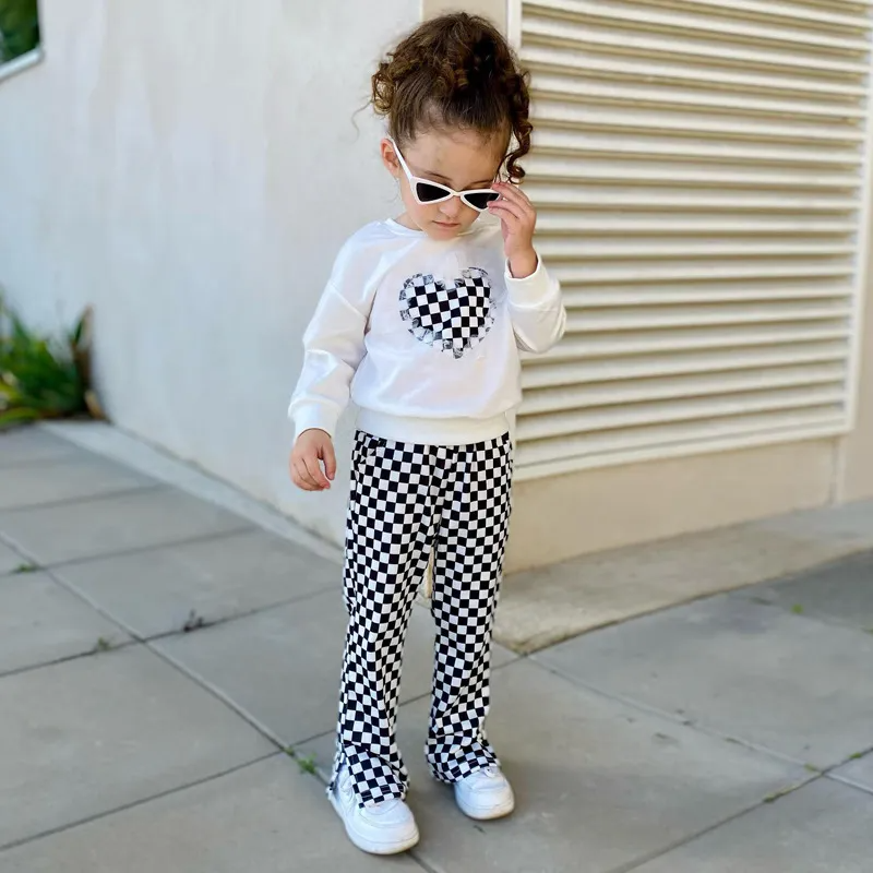 Children Kids Toddlers Girls Long Sleeve Love Top And Plaid Pants 2pcs Set