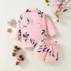 Children Kids Baby Fashion Girls Long Sleeve Floral Print Jacket And Shorts 2pcs Set