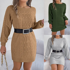 Autumn Winter Women Fashion Solid Color Knitted Twist Long Sleeve Dress