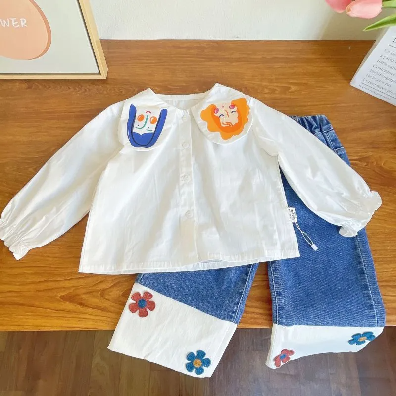 Children Kids Baby Fashion Girls Casual Long Sleeve Cartoon Print Blouse And Flower Jeans 2pcs Set