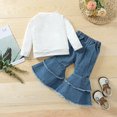 Kids Toddler Girls Casual Cute Solid Color Long Sleeve Round Neck Top Denim Flare Trousers Set