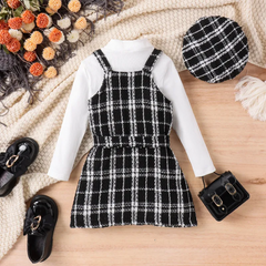 Kids Toddler Girls Autumn Winter Fashion Casual Solid Color Long Sleeve Turtle Neck T-Shirt Plaid Suspenders Dress Sets