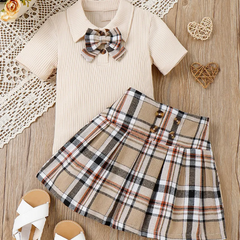 Children Kids Toddlers Fashion Girls Basic Casual Short Sleeve Lapel Bow Top And Plaid Skirt 2pcs Set