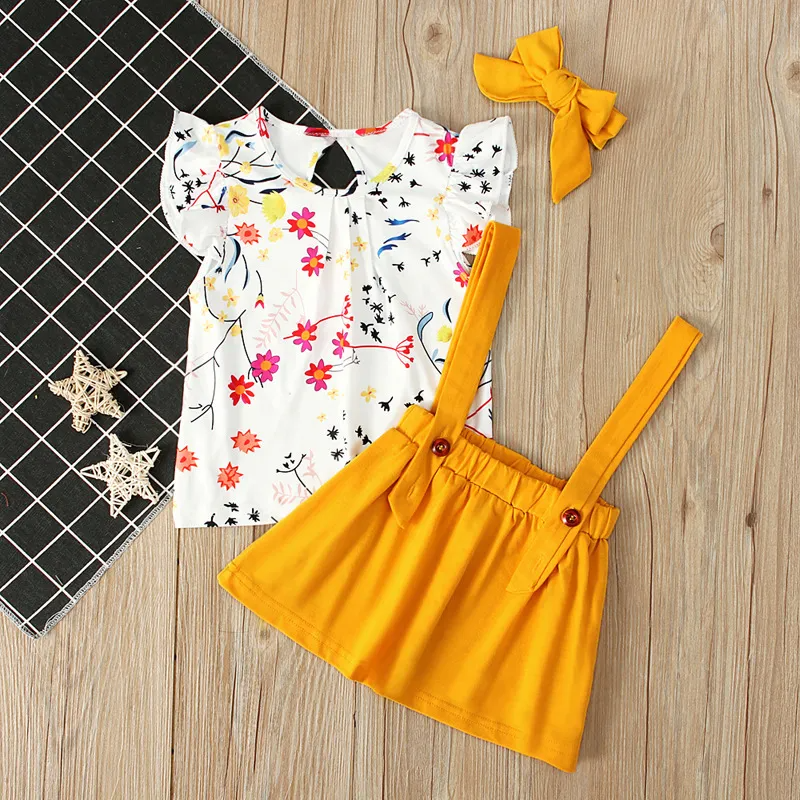 Kids Baby Girls Summer Fashion Casual Cute Tiny Flower Raglan Sleeve Round Neck Suspender Skirt Set