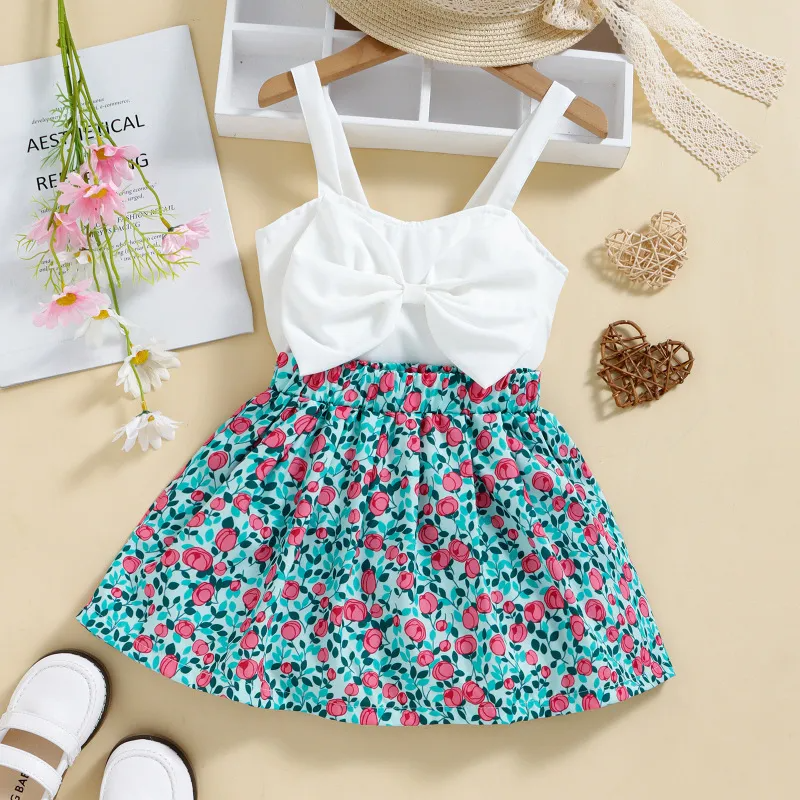 Kids Toddler Girls Summer Casual Cute Bow Solid Color Cami Vest Tiny Flower Skirt Sets