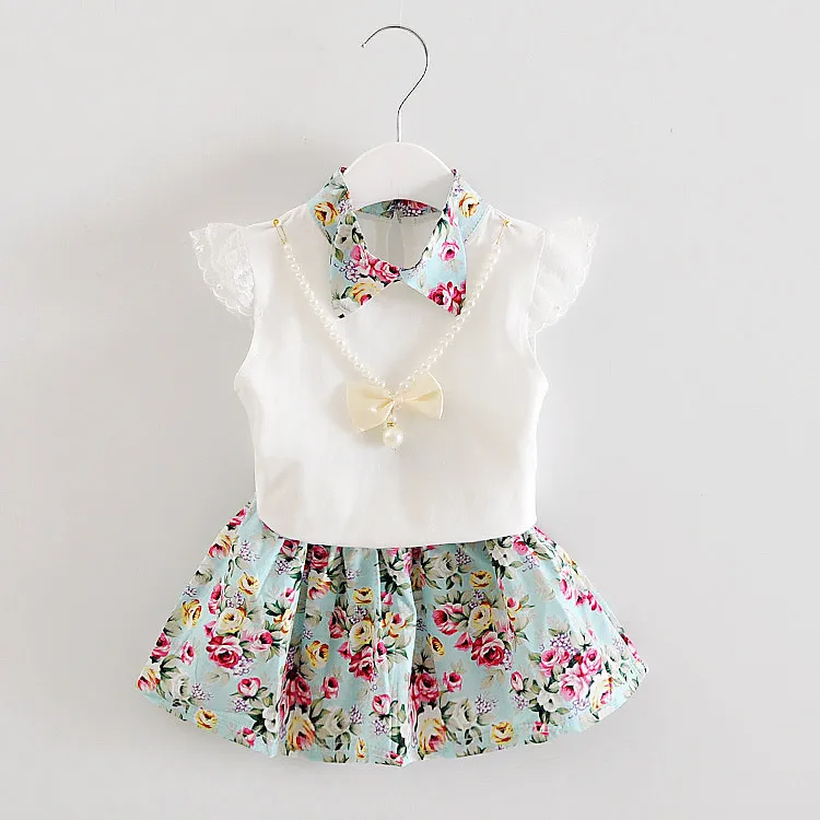 Children Kids Baby Fashion Girls Casual Basic Short Sleeve Flower T-Shirt And Skirt 2pcs Set