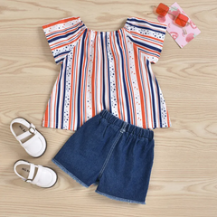 Children Kids Baby Fashion Girls Independence Day Flag Short Sleeve Star Print Top And Shorts 2pcs Set