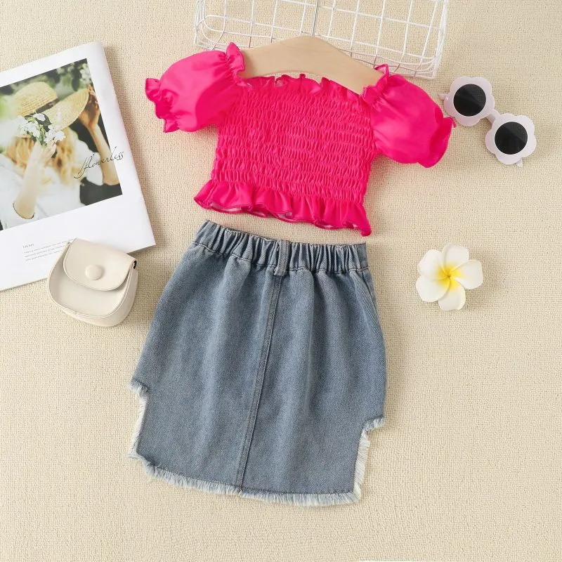 Children Kids Toddlers Girls Short Sleeve Top And Denim Skirt 2pcs Set