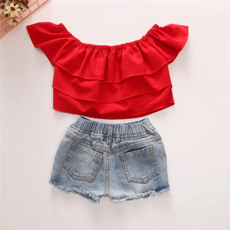 2 Pcs Set Girl Kid Red Ruffle Off-Shoulder Tops And Denim Shorts