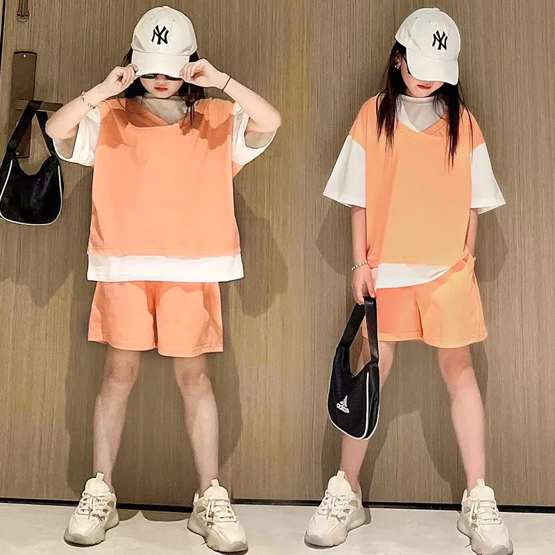 Children Kids Youth Fashion Girls Basic Casual Short Sleeve Patchwork T-Shirt And Shorts 2pcs Set