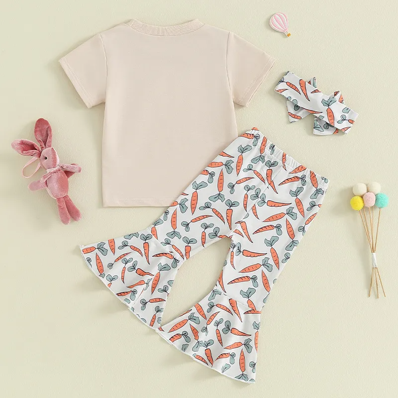 Kids Toddler Girls Easter Cute Carrot Print Short Sleeve Round Neck T-Shirt Flare Trousers SetKids Toddler Girls Easter Cute Carrot Print Short Sleeve Round Neck T-Shirt Flare Trousers Set