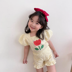 Kids Toddler Girls Casual Cute Floral Plaid Print Puff Sleeve Round Neck Top Shorts Set