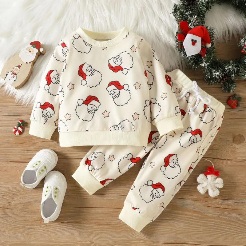 Kids Toddler Boys Girls Casual Cute Santa Claus Pattern Long Sleeve Round Neck Sweatshirts Pants Sets