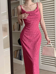 Women Elegant Fashion Alphabet Letter Jacquard Barbie Pink Strap Long Dress