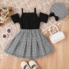 Kids Toddler Girls Fashion Casual Solid Color Off Shoulder Top Plaid Skirt Set