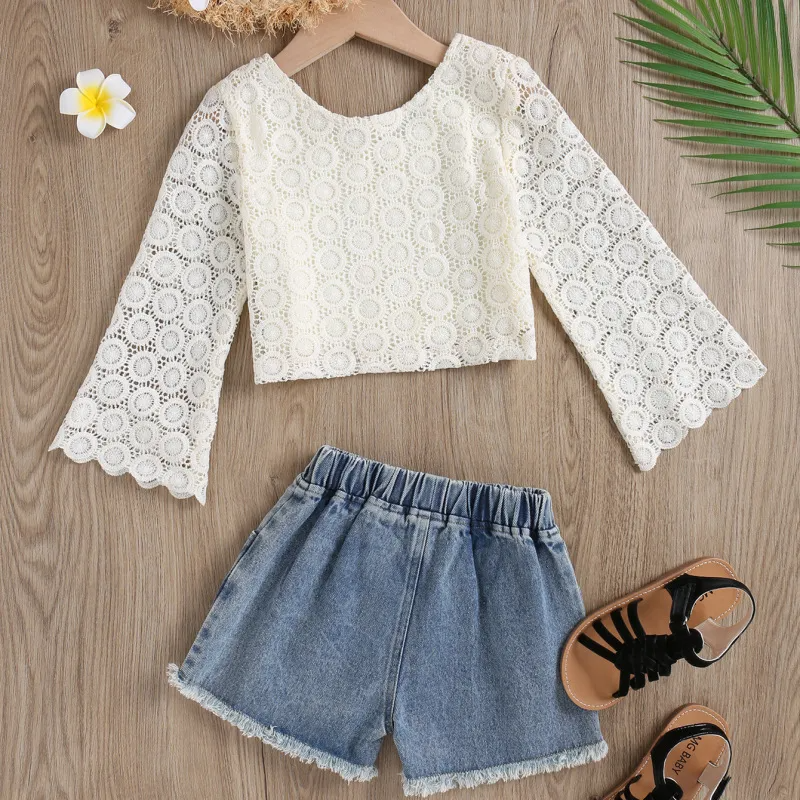 Children Kids Toddlers Fashion Girls Lace Hollow Top And Denim Ripped Shorts 2pcs Set