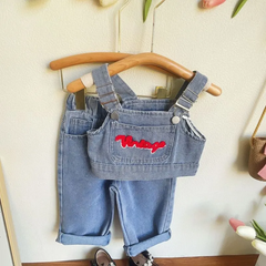 Children Kids Baby Fashion Girls Casual Denim Suspenders Top And Wide-Leg Pants 3pcs Set