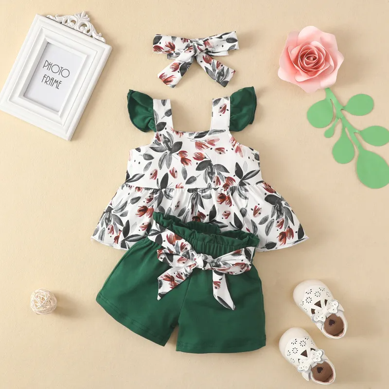 Kids Toddler Girls Casual Cute Bow Leaves Floral Strawberry Floral Sleeveless Top Shorts Sets