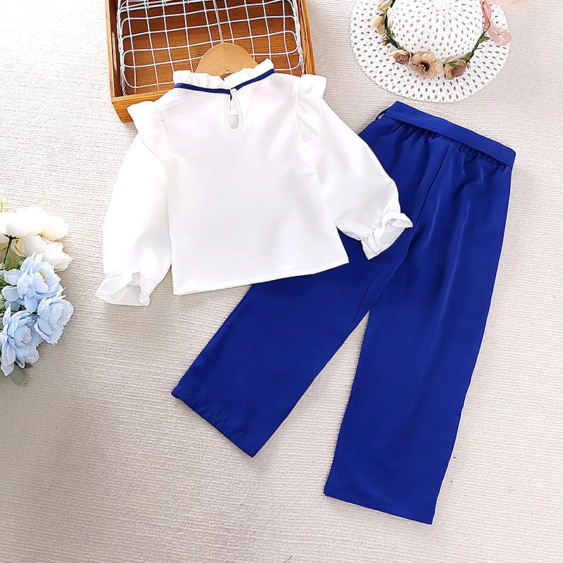 Children Kids Baby Fashion Girls Lace Solid Color Long Sleeved Top And Pants 2pcs Set