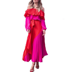 Women Off The Shoulder Pleated Long Sleeve Dresses