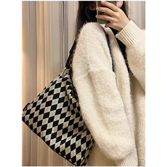 Casual Rhombus Black White Plaid Large Capacity Shoulder Bag