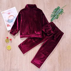 Children Kids Toddler Girls Velvet Zipper Jacket And Pants 2pcs Set