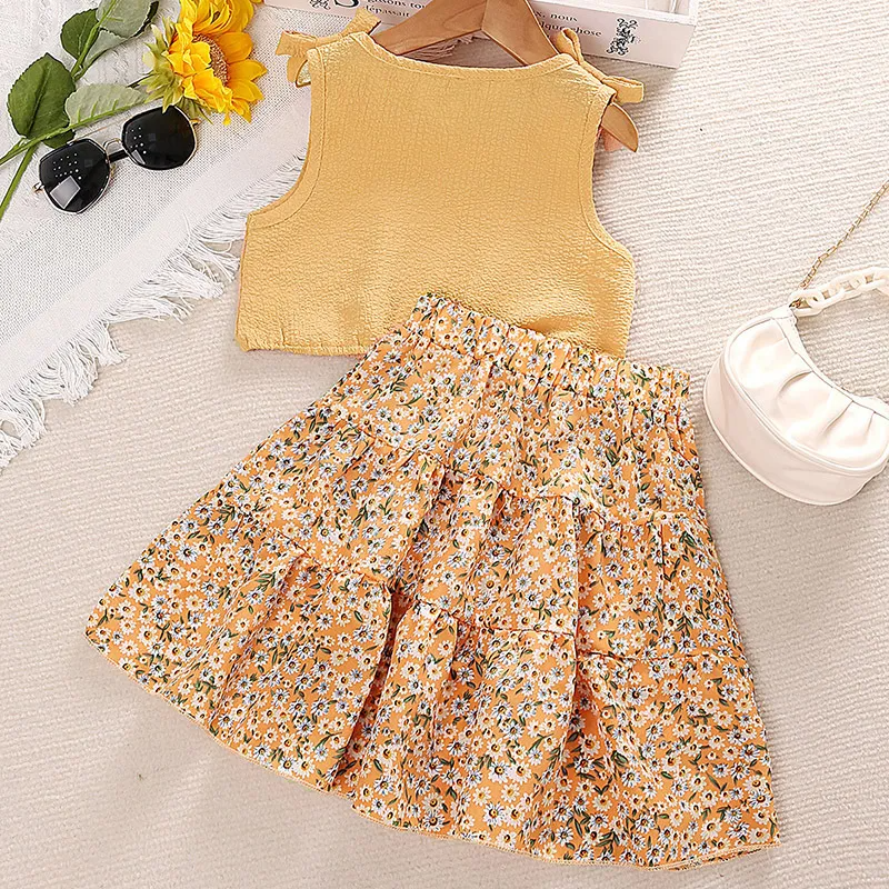 Children Kids Toddlers Fashion Girls Bow Knot Vest Top And Flower Skirt 2pcs Set