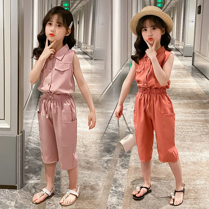 Children Kids Toddler Girls Lapel Sleeveless Top And Pants 2pcs Set