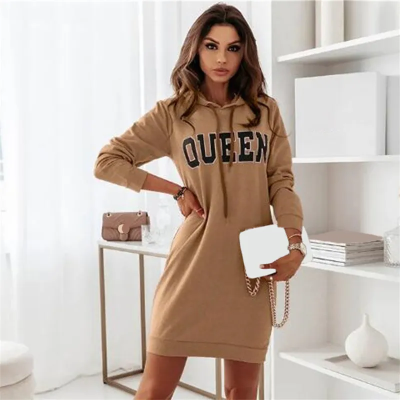 Autumn Winter Women Casual Long-Sleeved Hooded Letter Dress