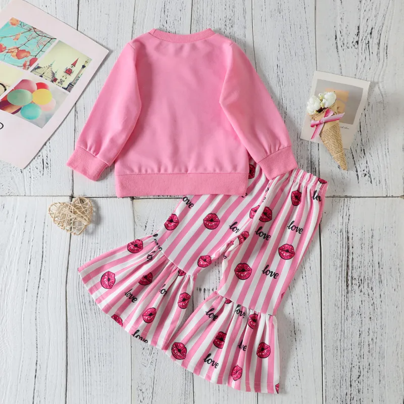 Kids Toddler Girls Casual Cute Sweet Letters Heart Print Long Sleeve Round Neck Sweatshirts Flare Trousers Set