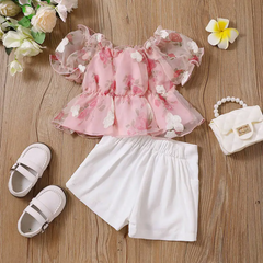 Children Kids Baby Fashion Girls Short Sleeve Flower Top And Shorts 2pcs Set