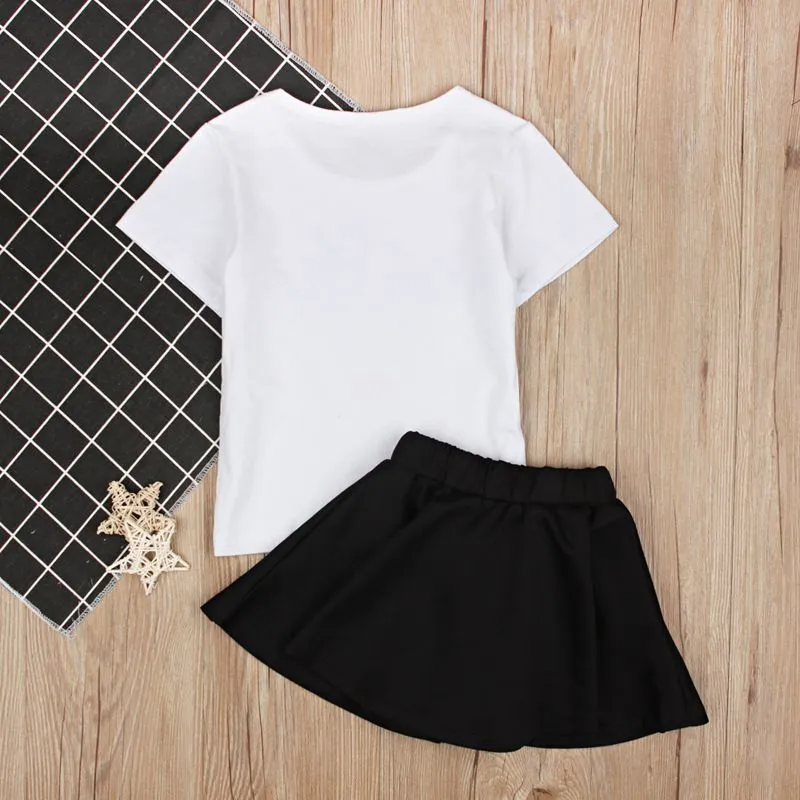 2 Pcs Set Girl White T-Shirts And Black Skirts