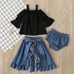 Kids Baby Girls Summer Fashion Pastoral Cotton Solid Color Strap Boat Neck Denim Skirt Set