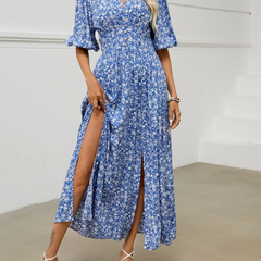 Bohemian Vacation Women V-Neck Side Slit Dress