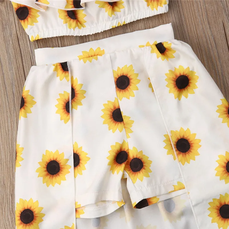 Girls Fashion Sunflower Pattern Ruffled Tops And Culotte With Headband Set